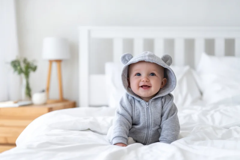 Smiling baby sitting on white bed wearing gray bear hoodie in bedroom