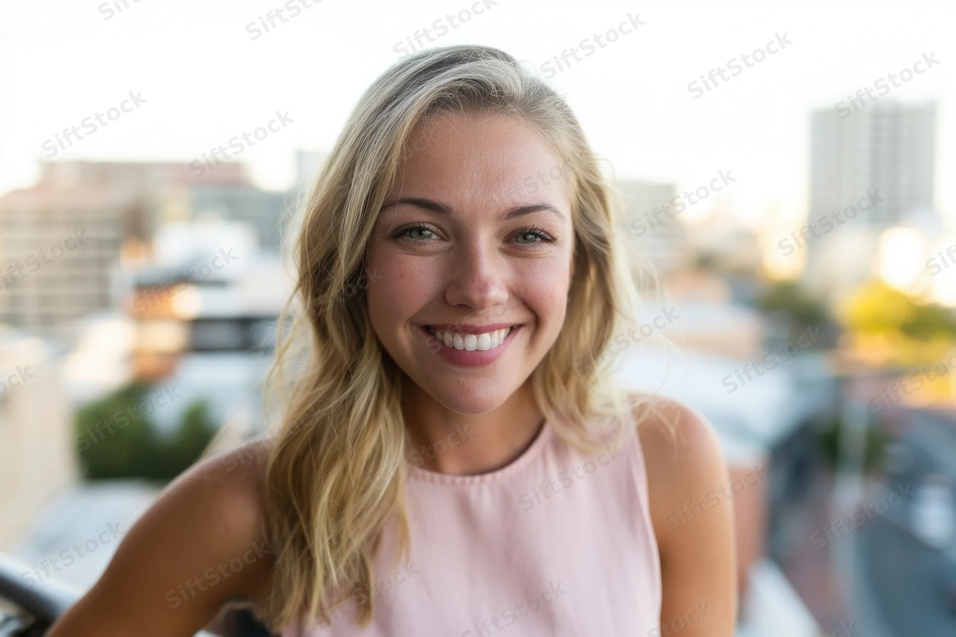 Smiling blonde woman in pink sleeveless top on rooftop with city skyline behind