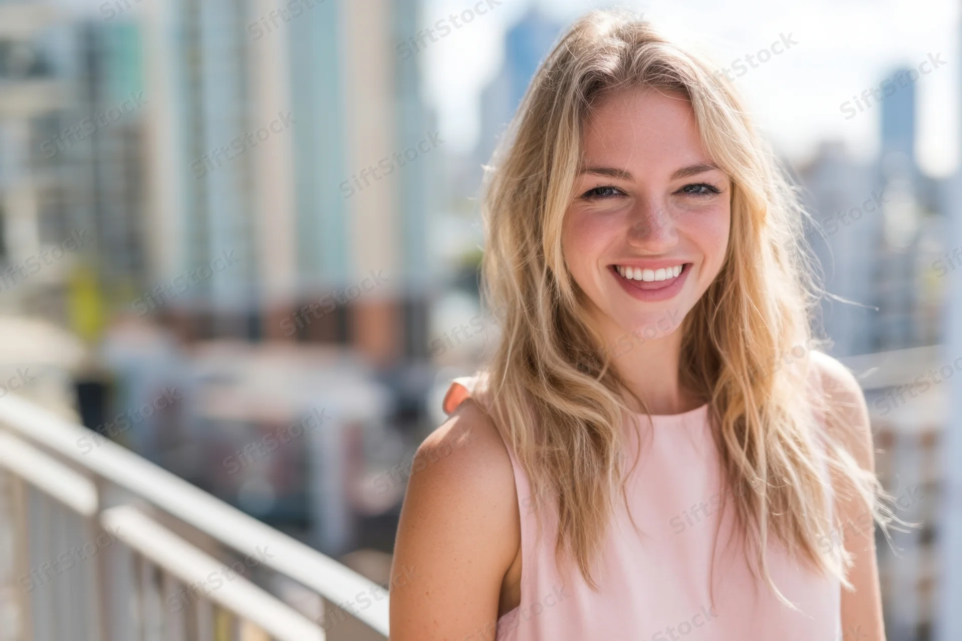 Smiling blonde woman in pink sleeveless top standing on balcony with city skyline behind