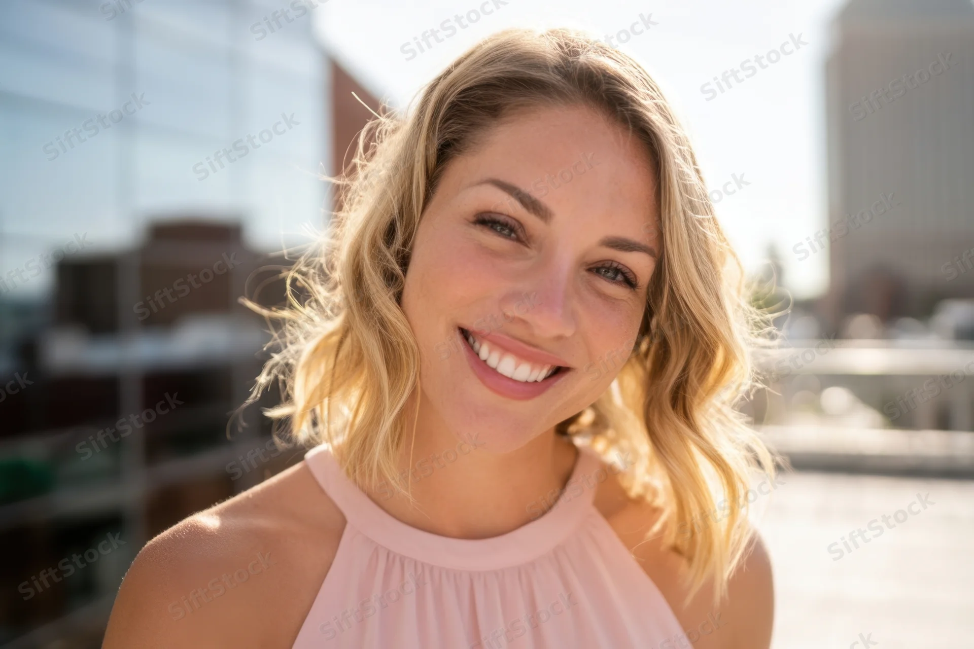 Smiling blonde woman in pale pink sleeveless top outdoors in city setting