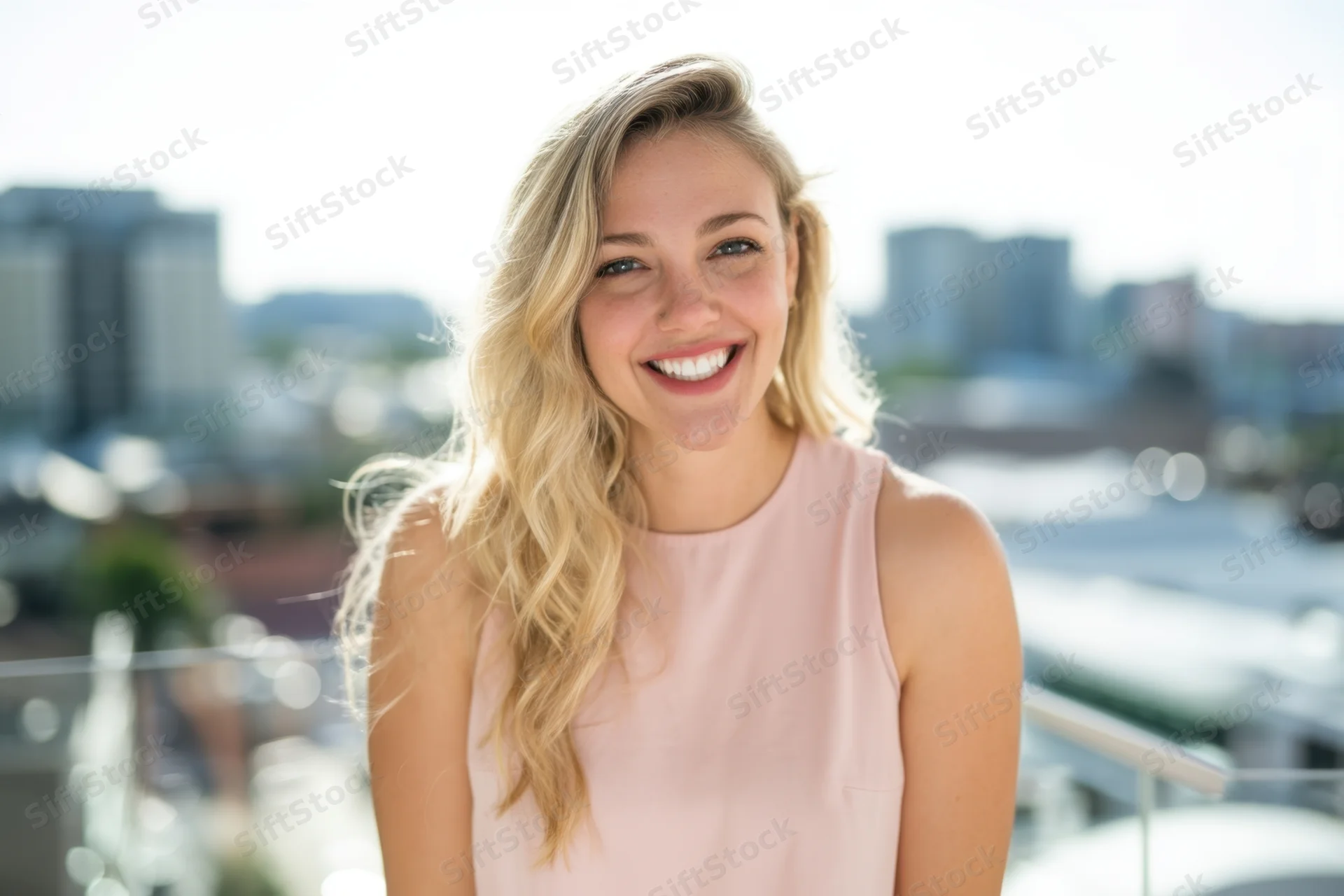 Smiling blonde woman in pink sleeveless top standing on balcony with city skyline behind