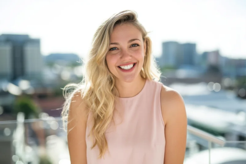 Smiling blonde woman in pink sleeveless top standing on balcony with city skyline behind