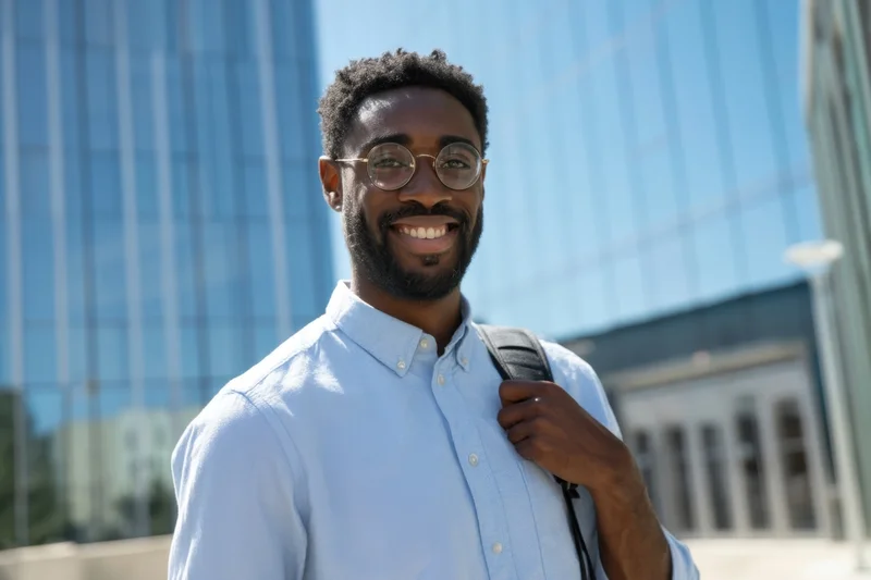 Smiling man in light blue button-down shirt with round glasses and backpack standing outdoors in front of modern glass building