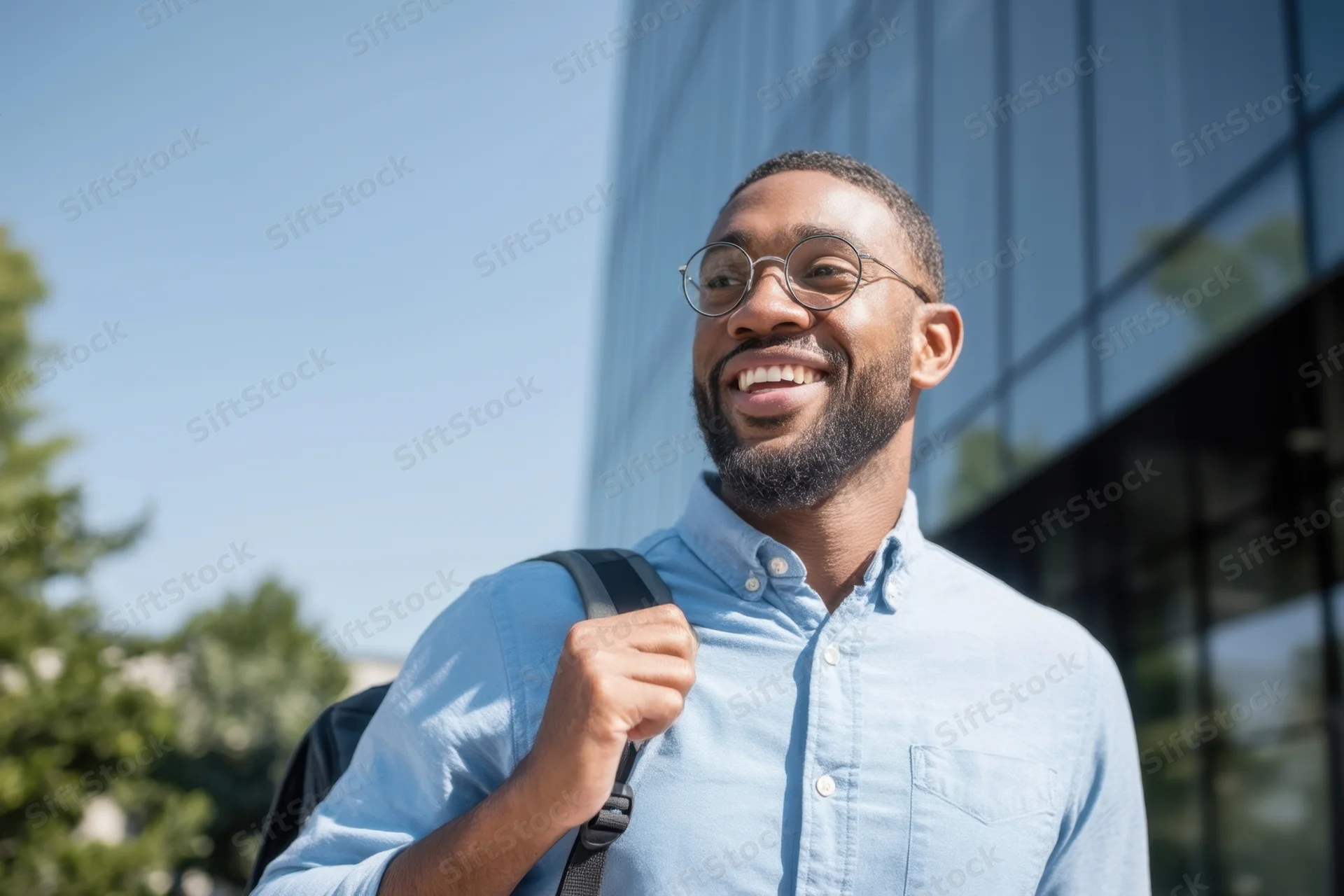 Smiling man with backpack and glasses standing outdoors near modern glass building