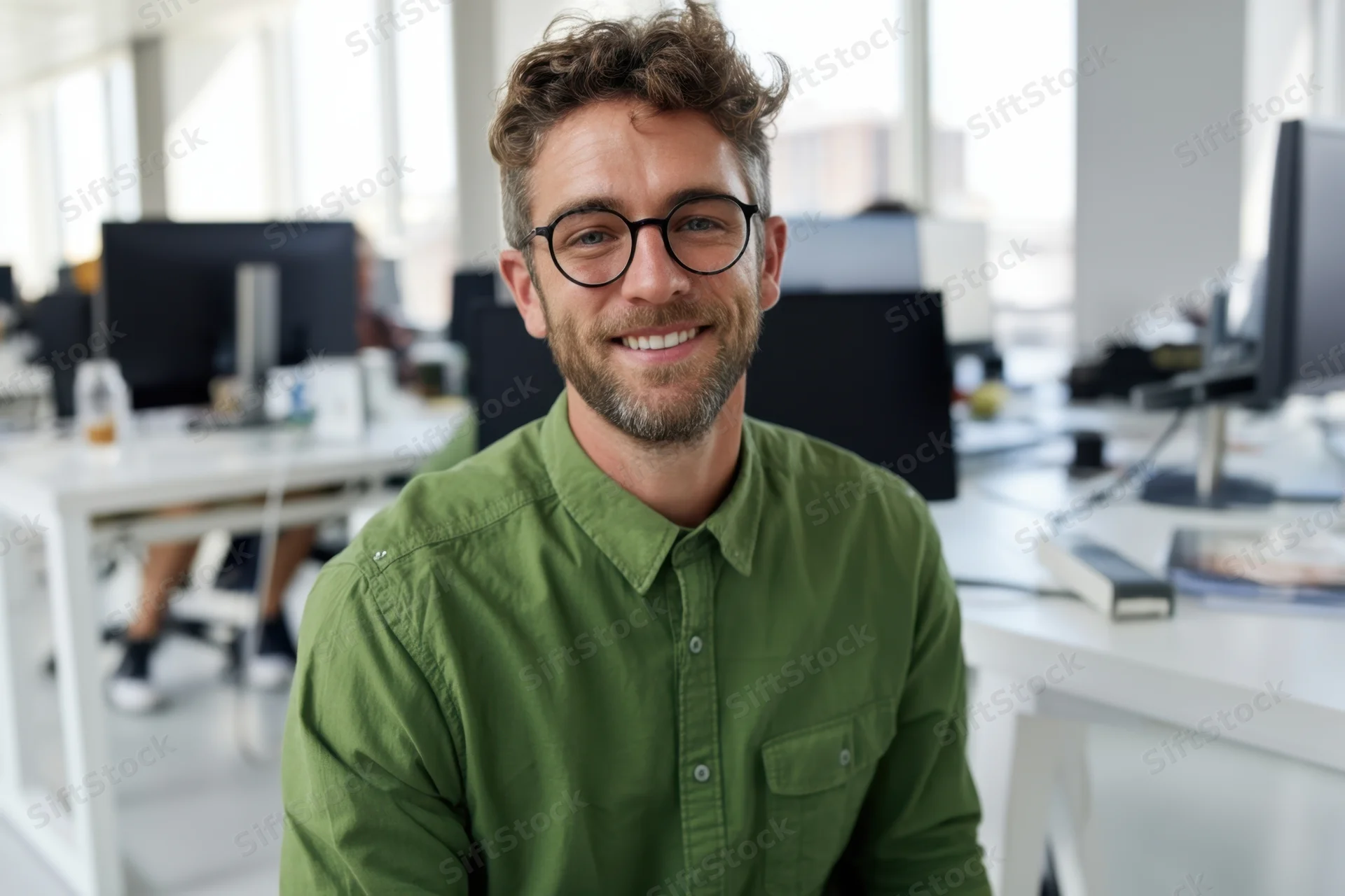 Smiling man in green shirt and glasses sitting at desk in modern office workspace