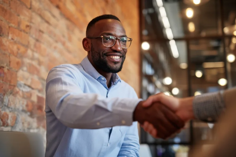 Man in light blue shirt and glasses shaking hands in modern office space
