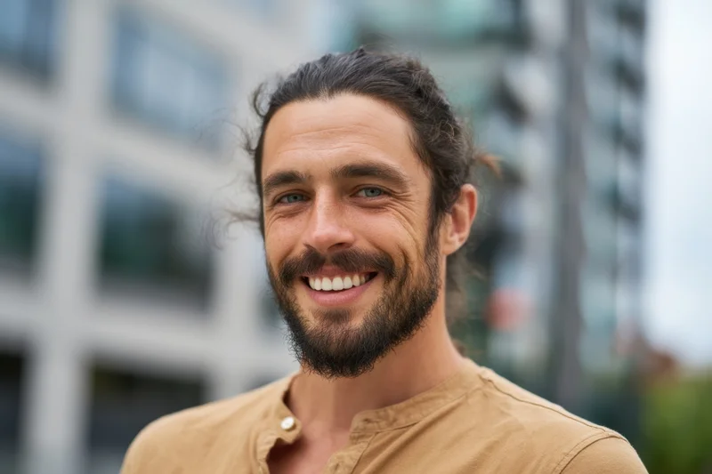 Smiling man with dark hair tied back and full beard outdoors in city setting