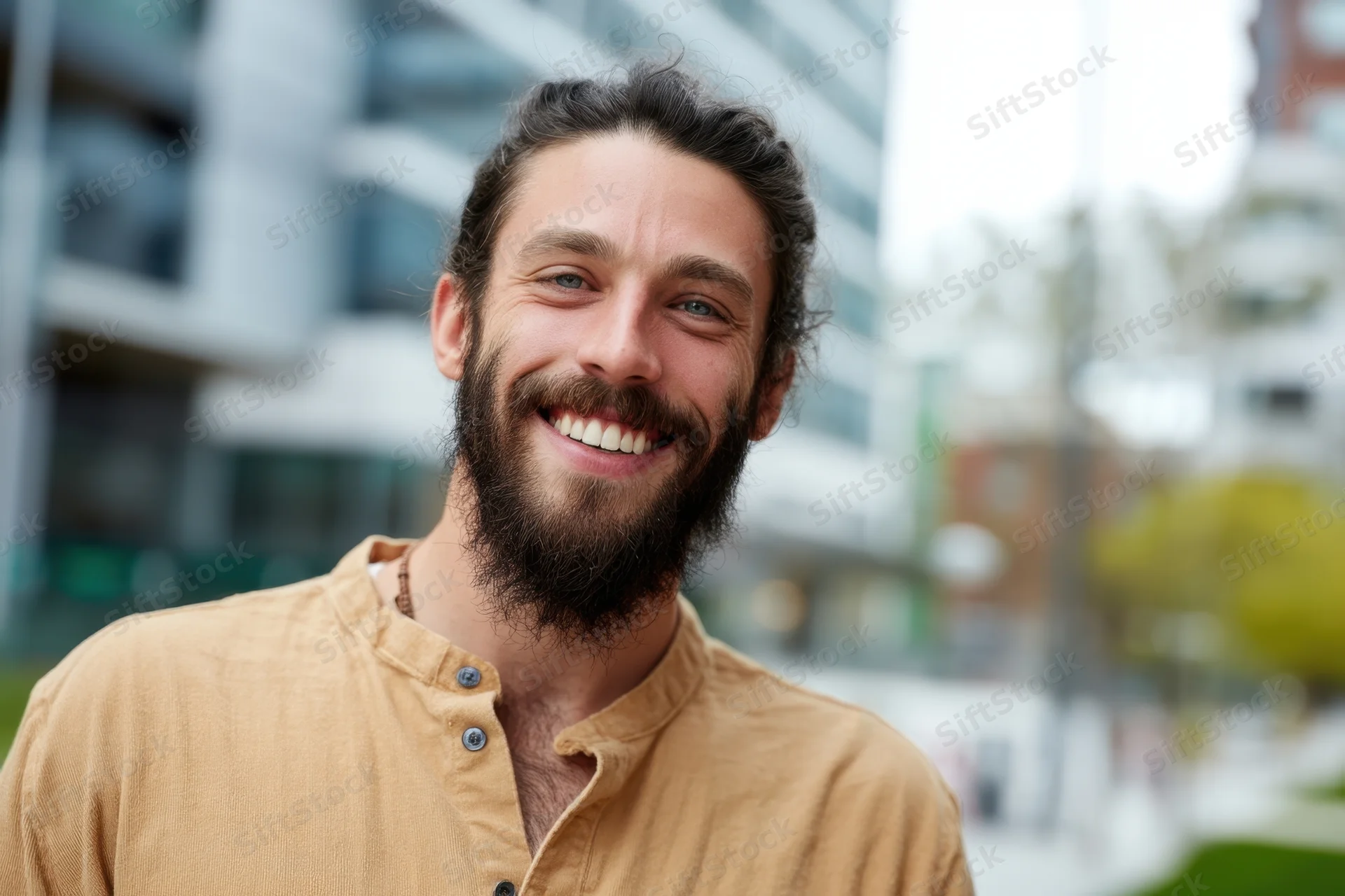 Smiling man with dark hair tied back and full beard wearing a brown button-down shirt outdoors in a city setting