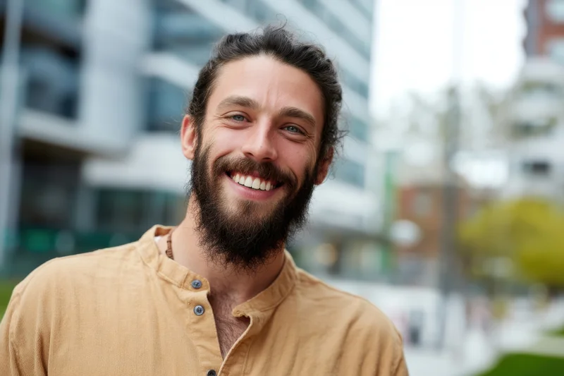 Smiling man with dark hair tied back and full beard wearing a brown button-down shirt outdoors in a city setting