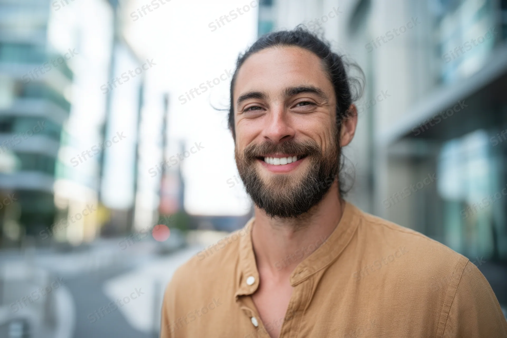 Smiling man with dark hair tied back and full beard wearing tan shirt outdoors in city street