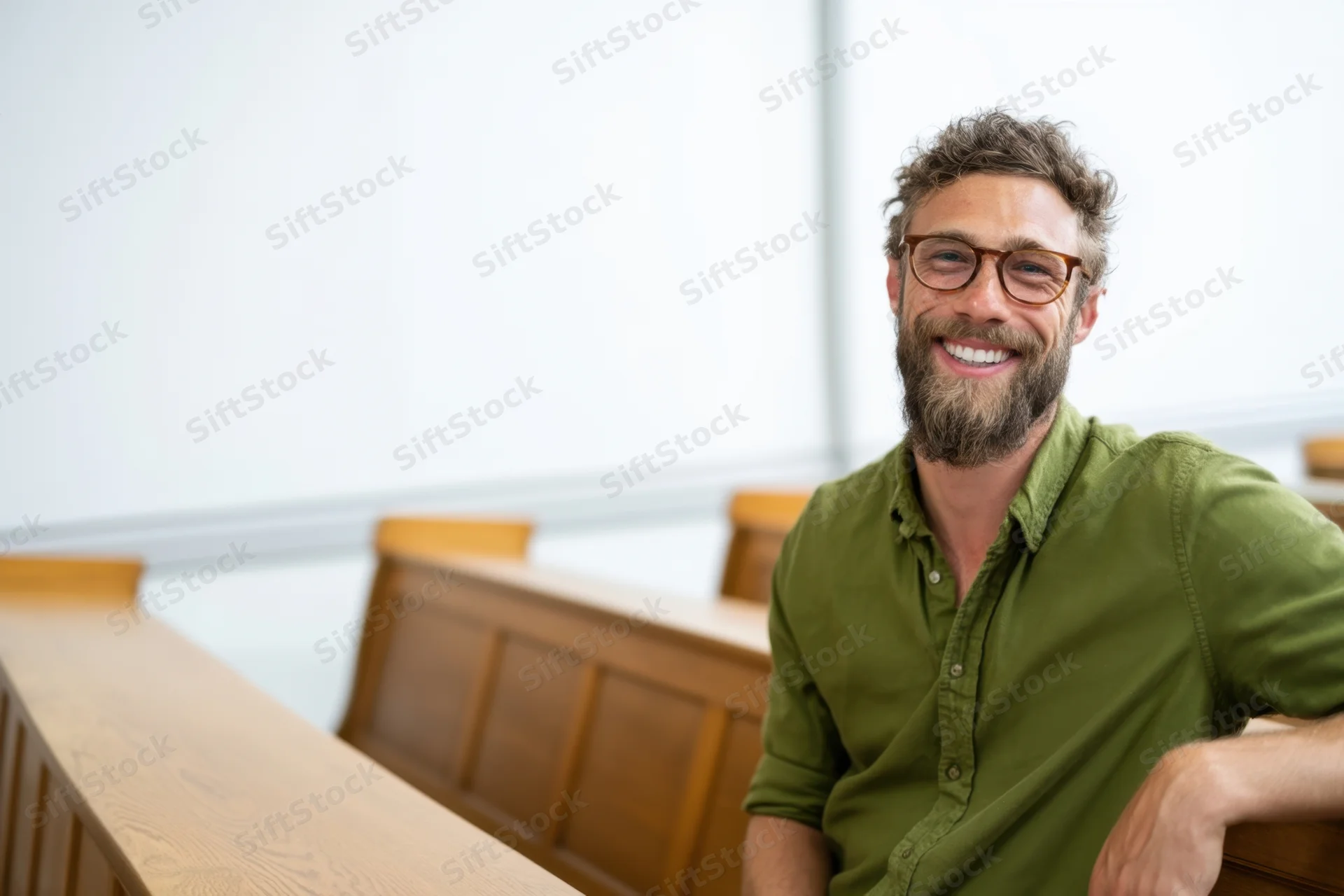 Smiling man with glasses and beard leaning on wooden desk in classroom