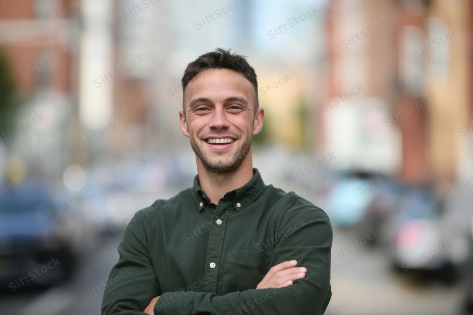 Smiling man with arms crossed standing on city street