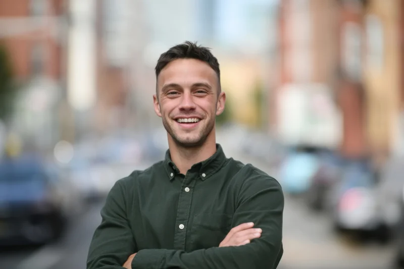 Smiling man with arms crossed standing on city street