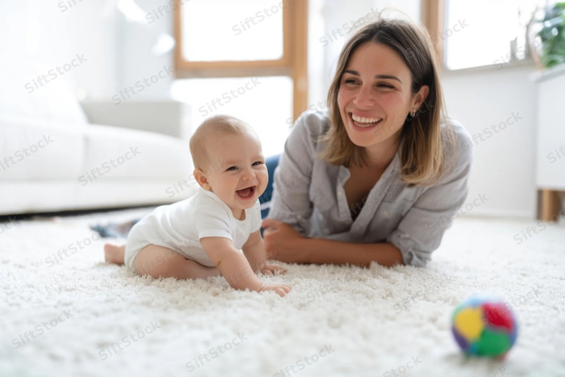 Mother and baby laughing together on soft carpet in living room