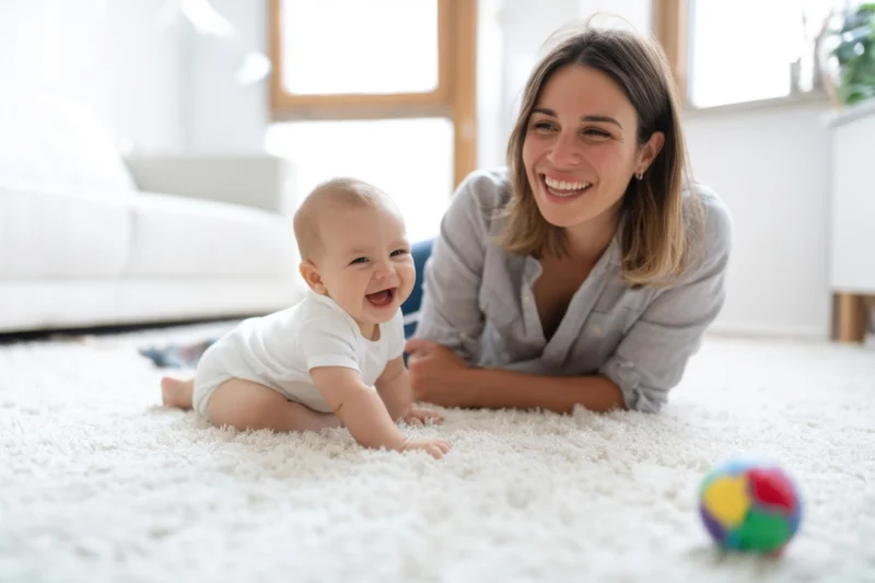 Mother and baby laughing together on soft carpet in living room