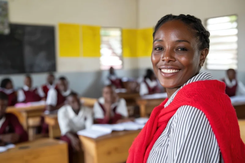 Smiling teacher in striped shirt with red sweater draped over shoulders in classroom with students at desks
