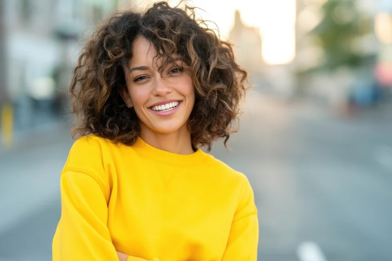 Smiling woman in bright yellow sweatshirt standing on city street with arms crossed