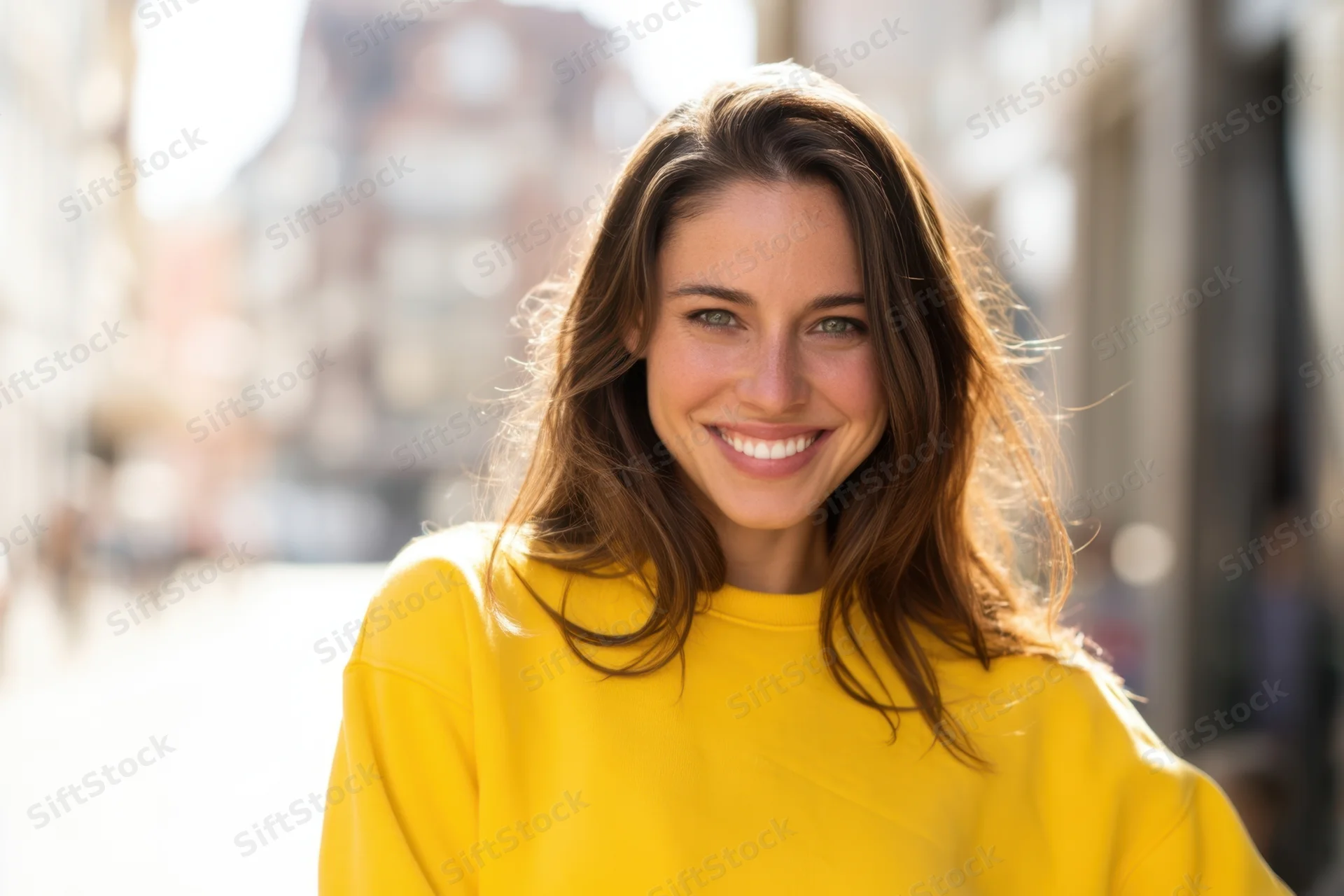 Smiling woman in bright yellow sweatshirt on sunlit city street