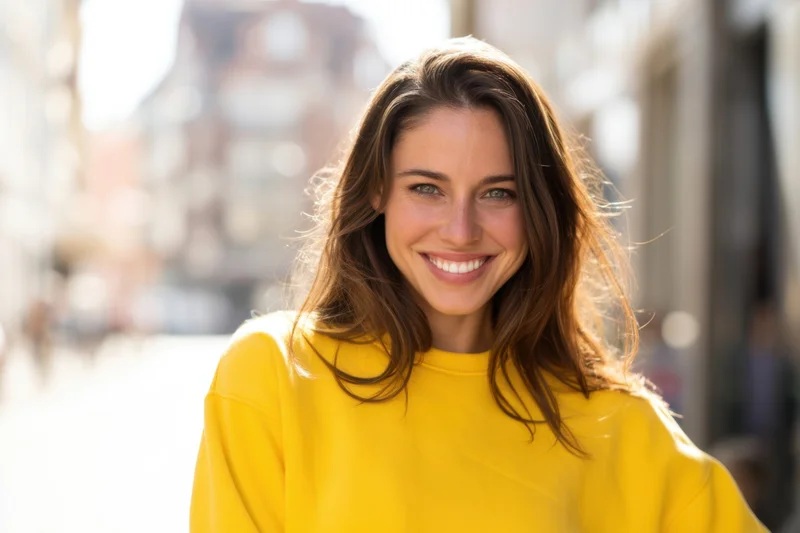 Smiling woman in bright yellow sweatshirt on sunlit city street