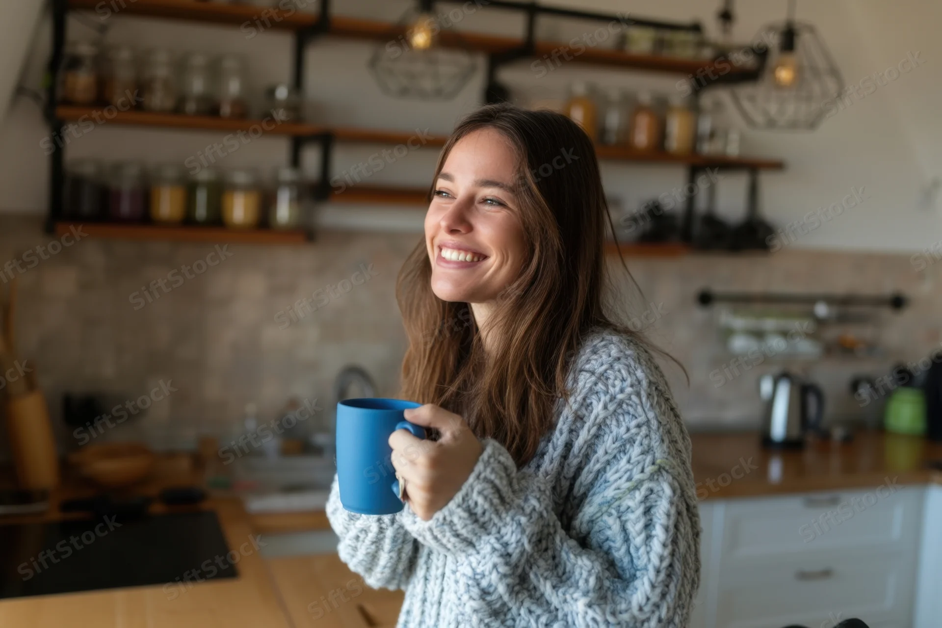 Smiling woman holding blue mug in kitchen interior