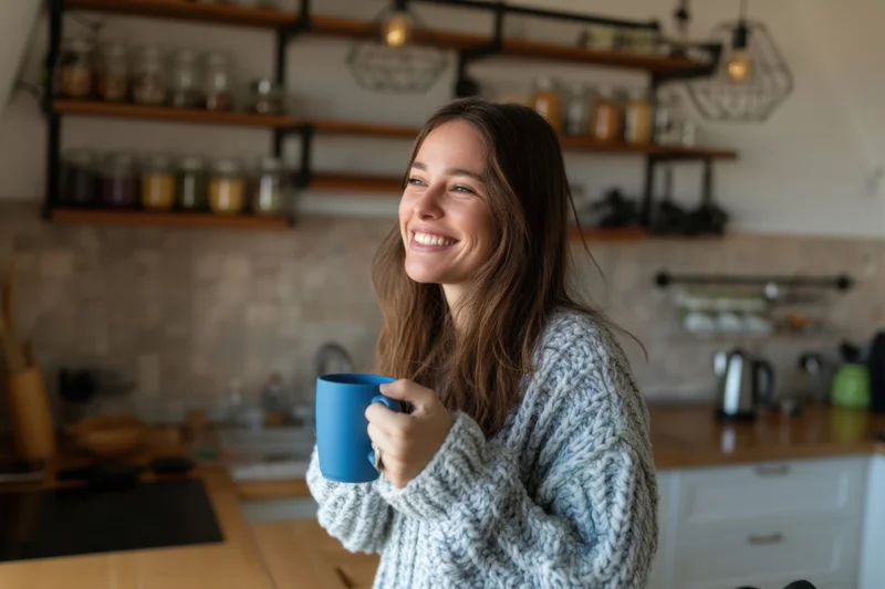 Smiling woman holding blue mug in kitchen interior
