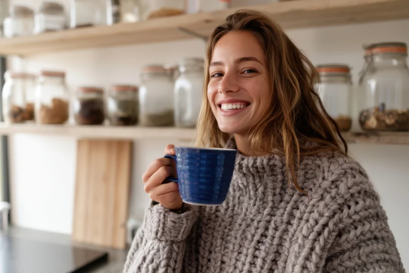 Smiling woman holding a blue mug in a kitchen with open shelves and glass jars