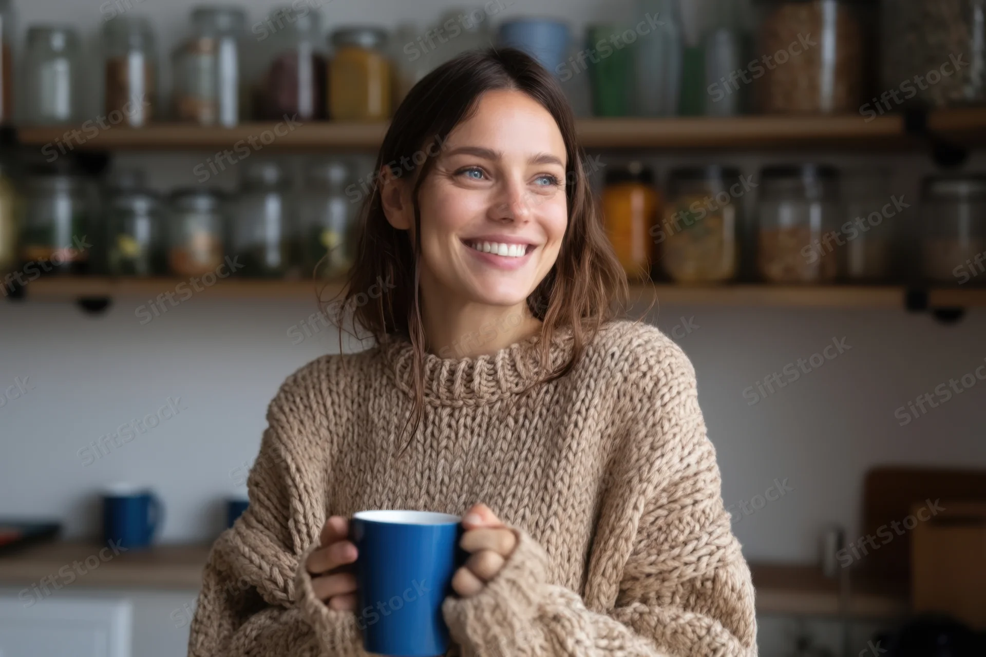 Smiling woman in chunky knit sweater holding blue mug in kitchen with shelves of jars behind her
