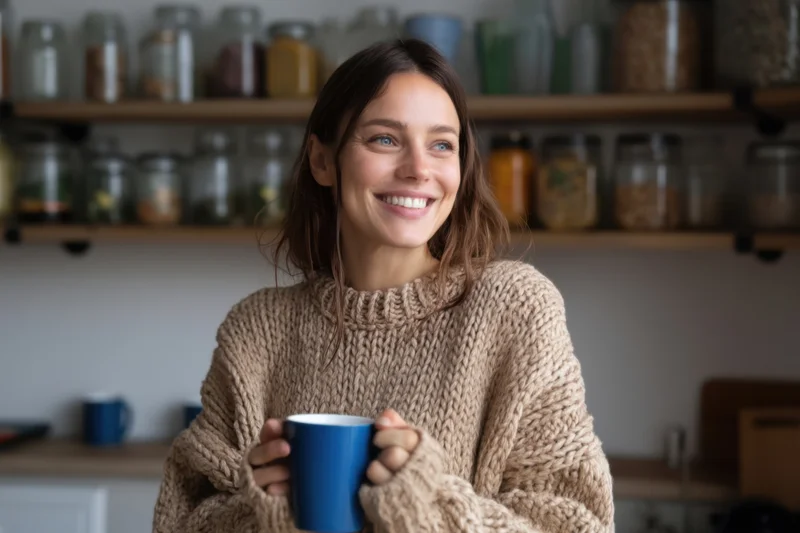 Smiling woman in chunky knit sweater holding blue mug in kitchen with shelves of jars behind her