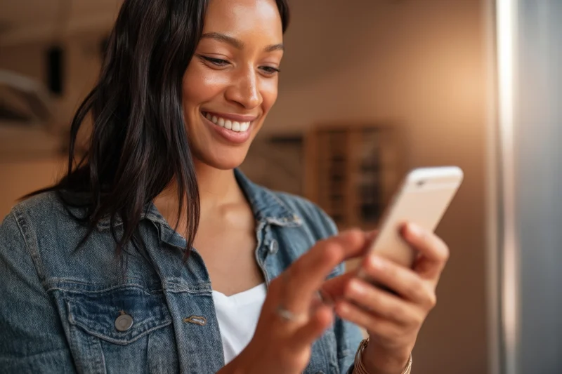Smiling woman holding smartphone in kitchen interior