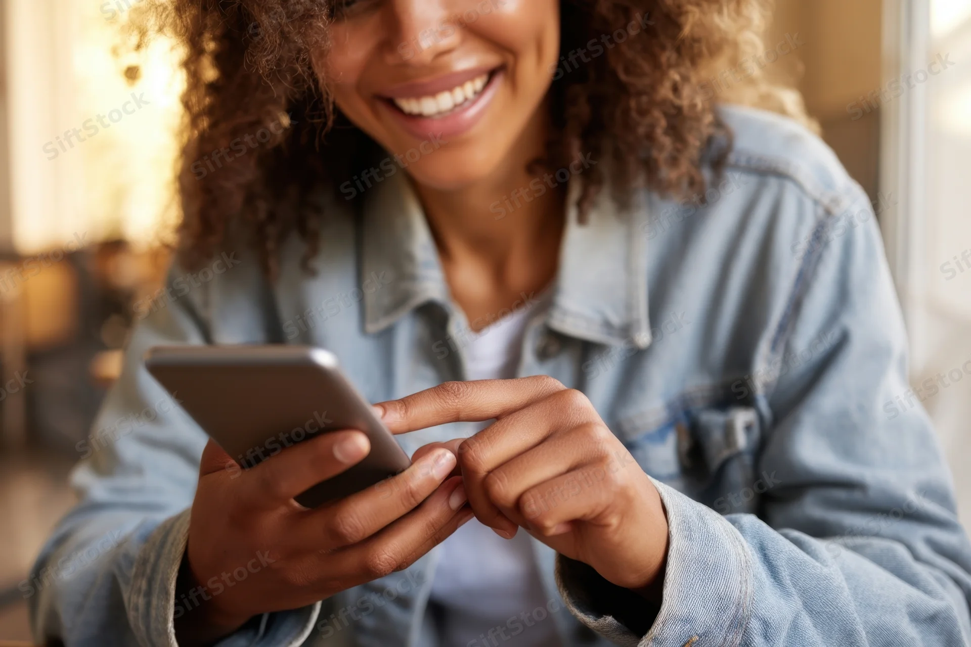 Smiling woman holding smartphone and typing in a warmly lit indoor setting