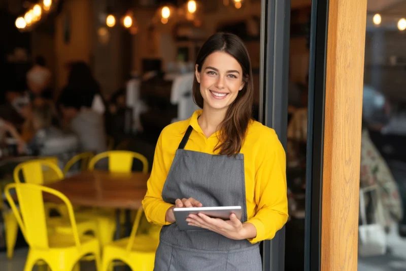 Smiling woman in yellow shirt and gray apron holding tablet at cafe entrance
