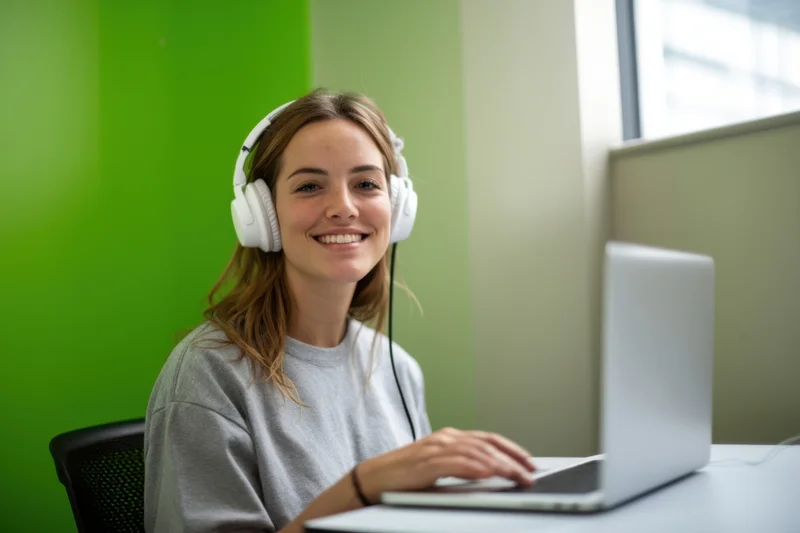 Smiling woman wearing white headphones typing on laptop at desk in office space