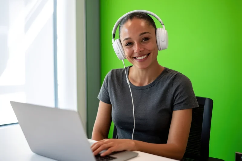 Smiling woman wearing white headphones typing on laptop at desk in office