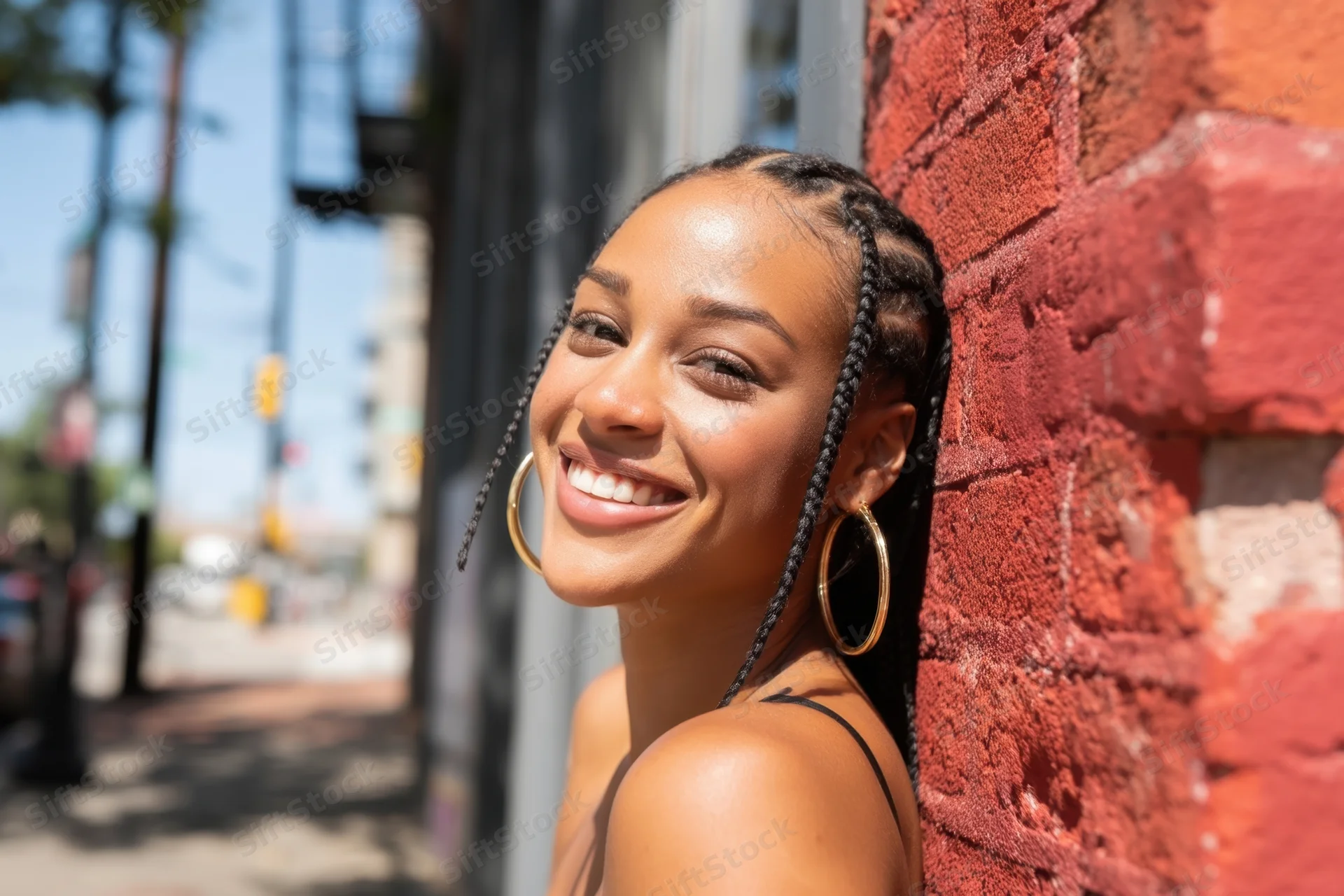 Smiling woman with cornrow braids and gold hoop earrings leaning against red brick wall on city street
