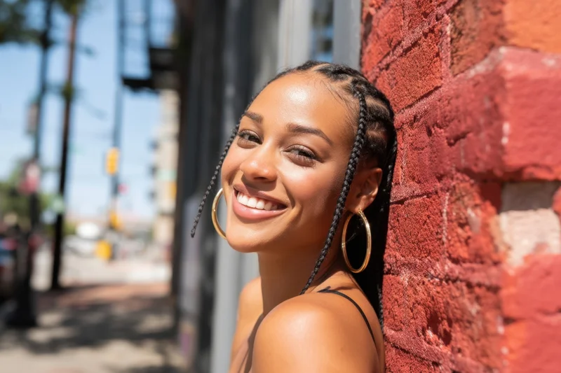 Smiling woman with cornrow braids and gold hoop earrings leaning against red brick wall on city street