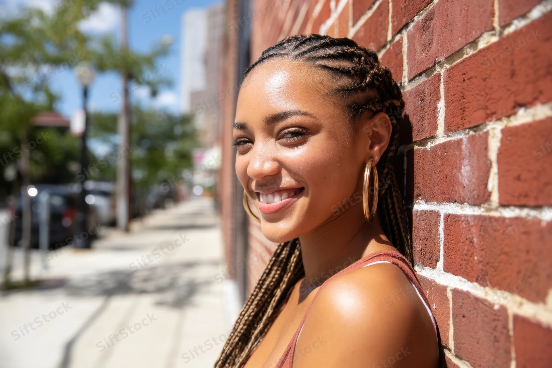 Smiling woman with cornrow braids and gold hoop earrings leaning against brick wall on city sidewalk