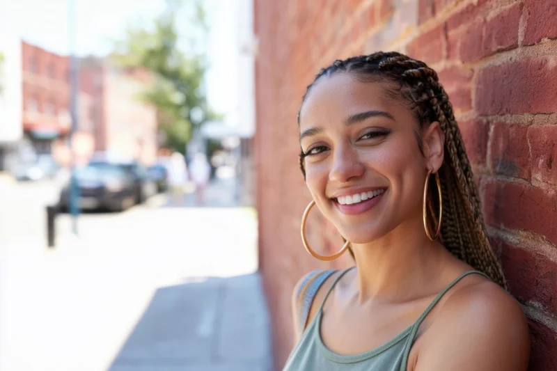 Smiling woman with cornrow braids and gold hoop earrings leaning against brick wall on city sidewalk