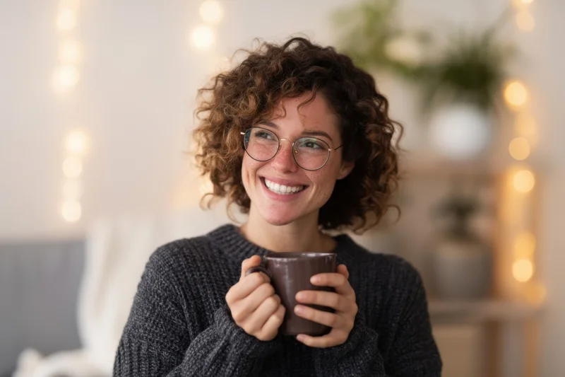 Smiling woman with curly hair and round glasses holding a mug in a cozy home interior