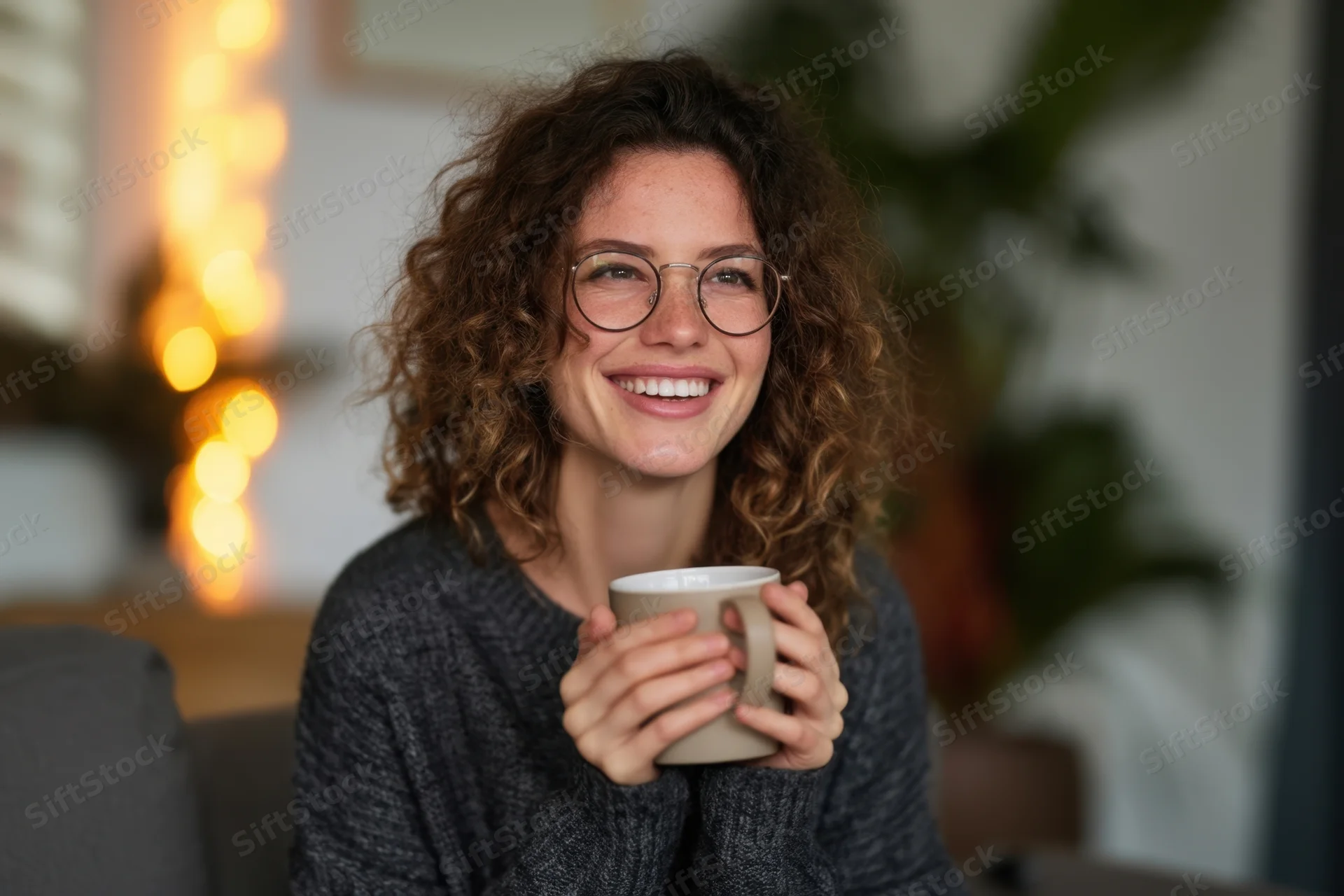 Smiling woman with curly hair and round glasses holding a mug indoors