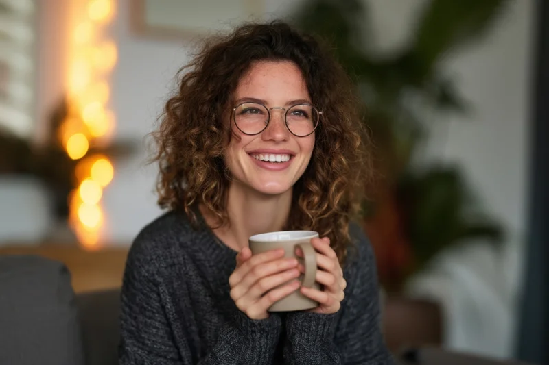 Smiling woman with curly hair and round glasses holding a mug indoors