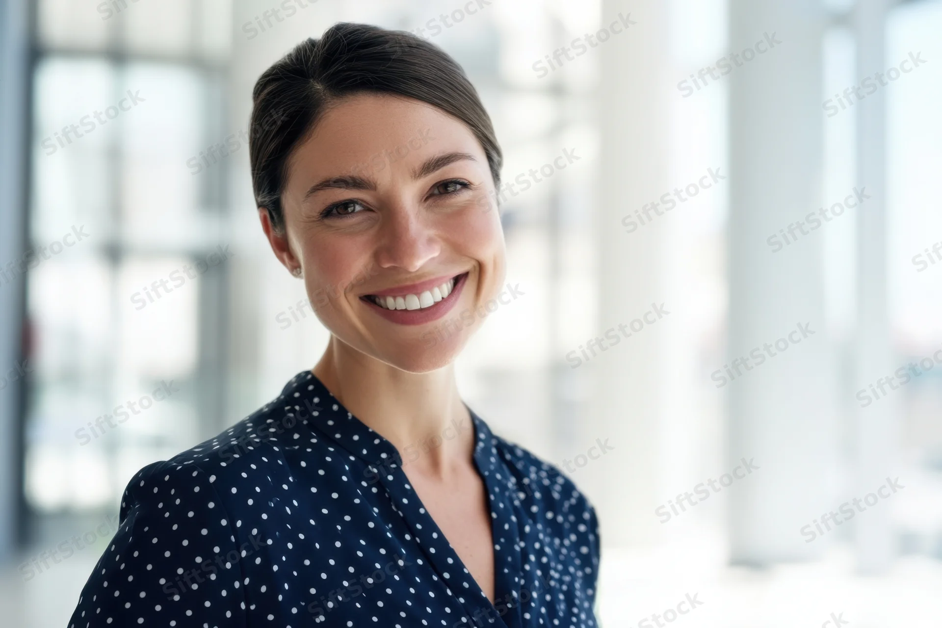 Smiling woman in navy polka dot blouse standing in bright office interior