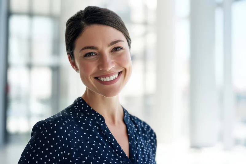 Smiling woman in navy polka dot blouse standing in bright office interior