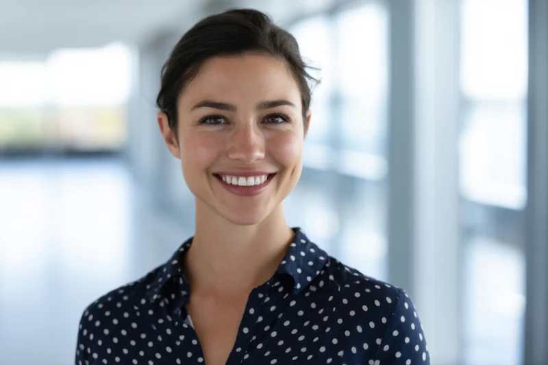 Smiling woman in navy polka dot blouse standing in bright office interior