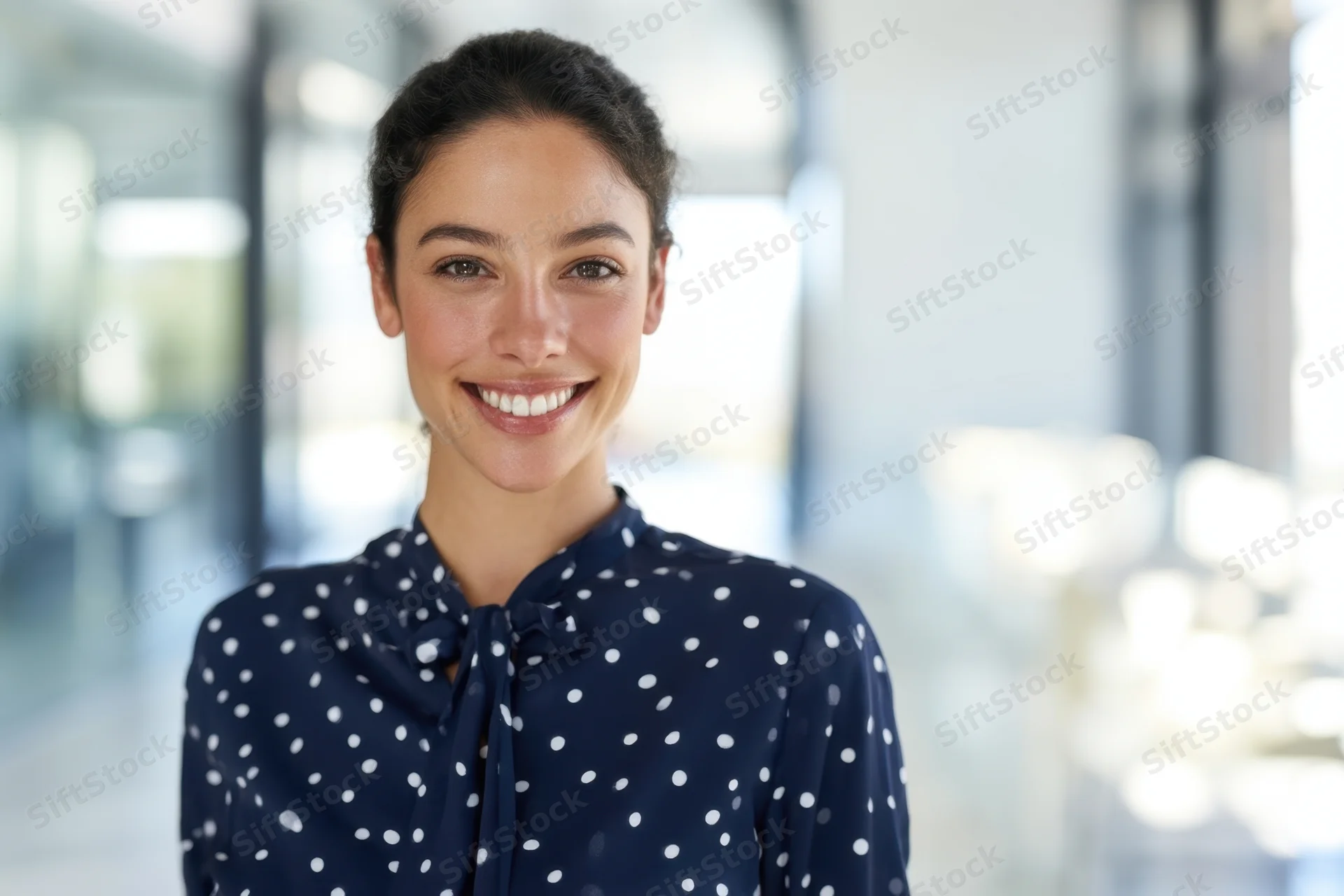 Smiling woman in navy polka dot blouse with bow collar standing in office hallway