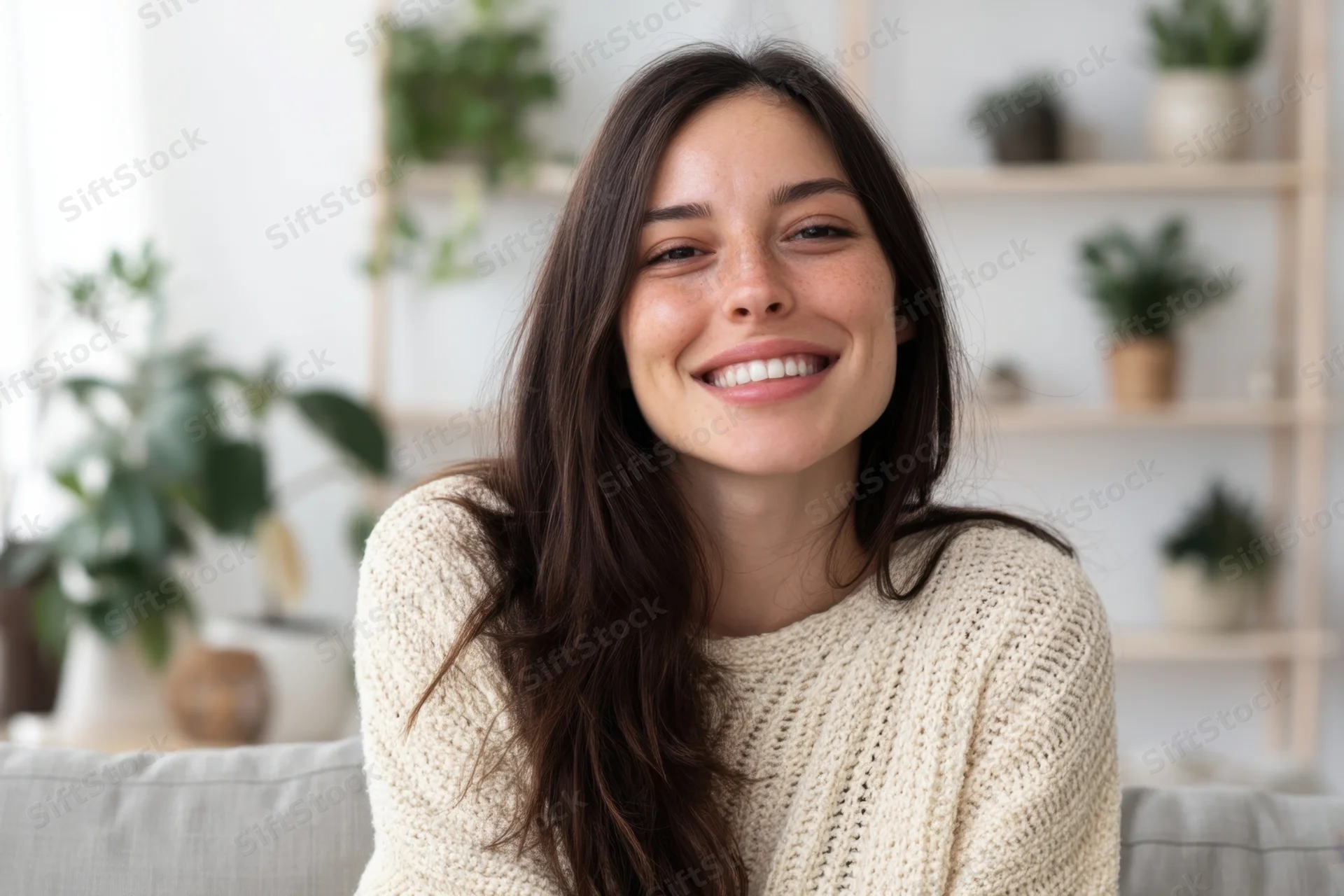 Smiling woman with long dark hair in cream knit sweater sitting on sofa in bright living room with plants and shelves