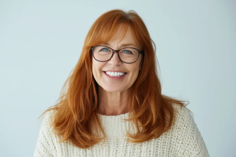 Smiling woman with long red hair and glasses wearing a white knit sweater in studio portrait