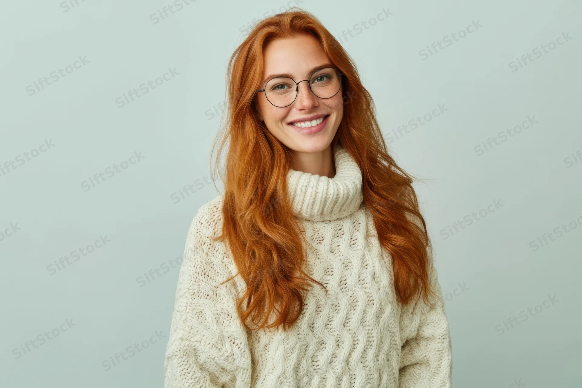 Smiling woman with long red hair and glasses wearing a cream knit turtleneck sweater in studio setting