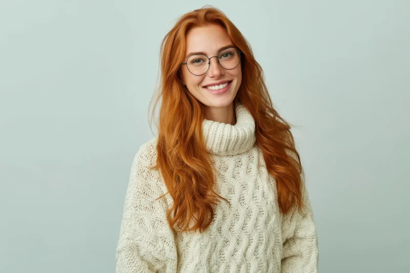 Smiling woman with long red hair and glasses wearing a cream knit turtleneck sweater in studio setting
