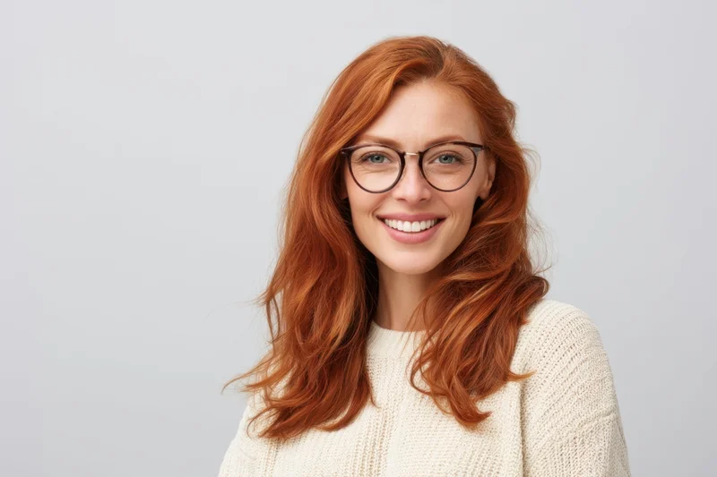 Smiling woman with long red hair and glasses wearing a cream sweater in studio portrait