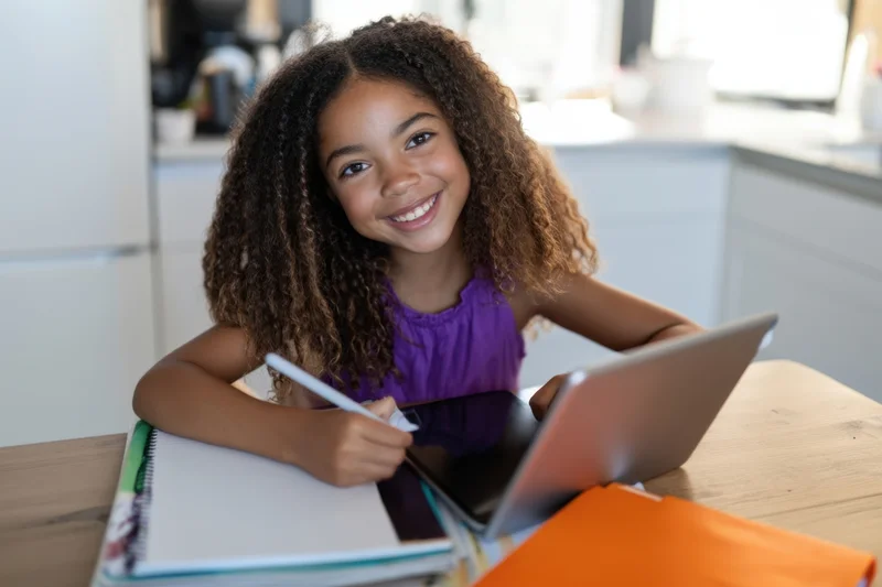 Young girl smiling while writing in a notebook with a tablet on a wooden kitchen table